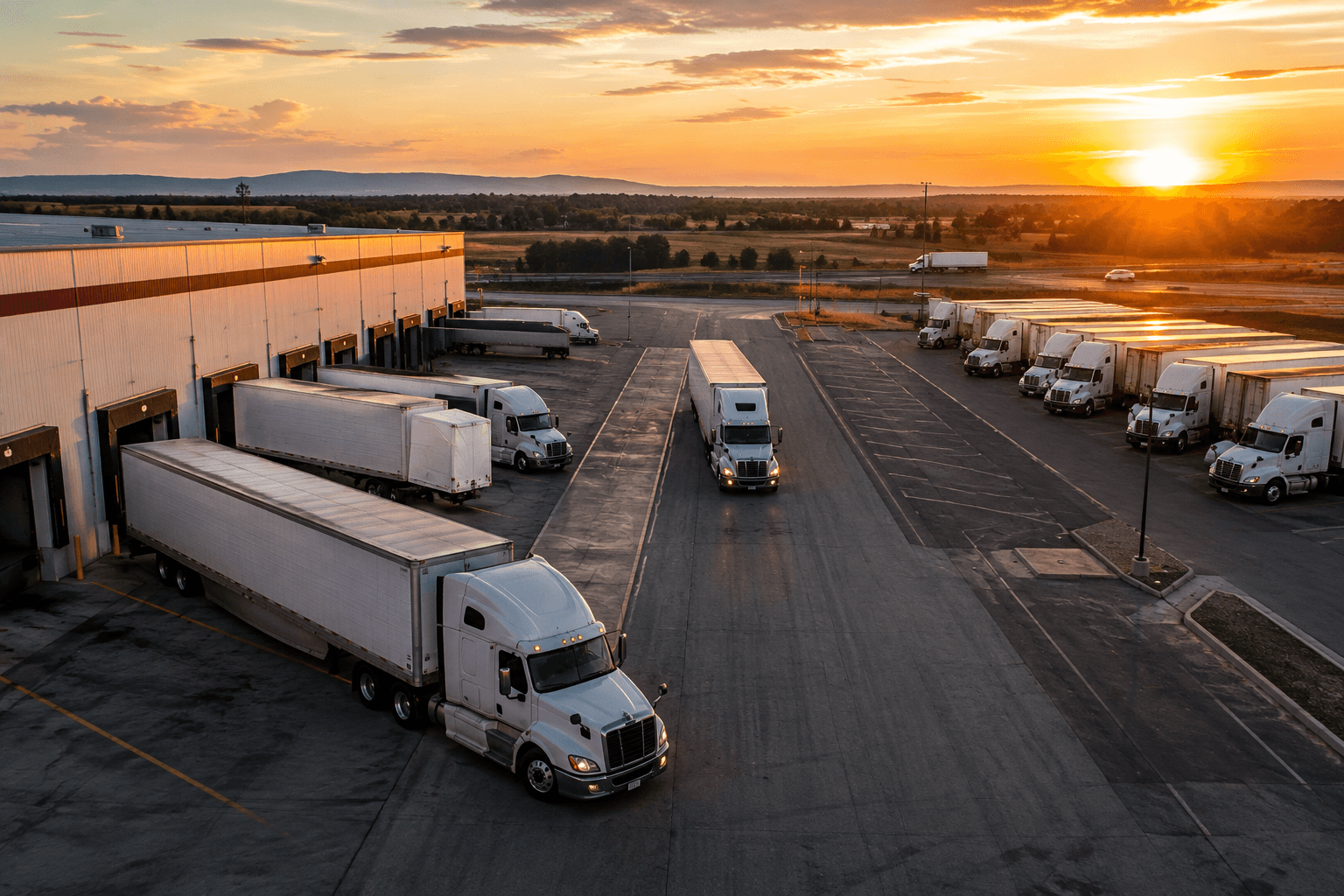 Semi-truck and trailers at a logistics yard